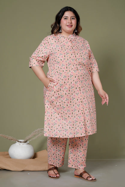 FLORAL GARDEN PRINT COTTON 2 PEICE KURTA PANT IN PEACH BY PLUSSIZEKURTI