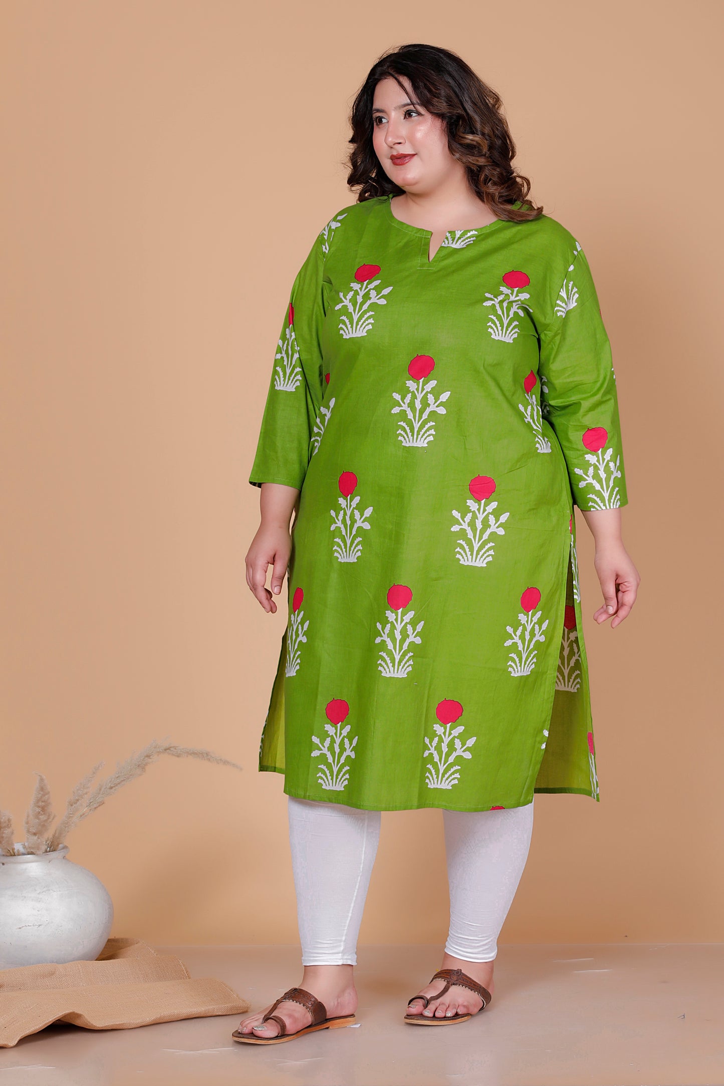 FLORAL BLOCK PRINT COTTON KURTI IN FRESH GREEN BY PLUSSIZEKURTI