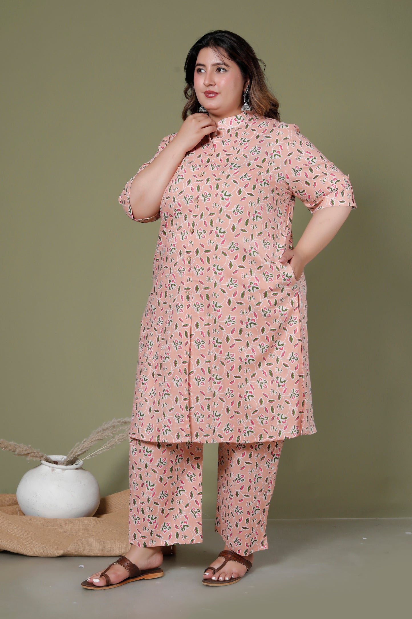 FLORAL GARDEN PRINT COTTON 2 PEICE KURTA PANT IN PEACH BY PLUSSIZEKURTI