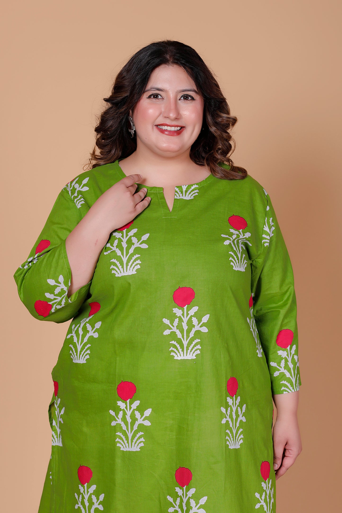 FLORAL BLOCK PRINT COTTON KURTI IN FRESH GREEN BY PLUSSIZEKURTI