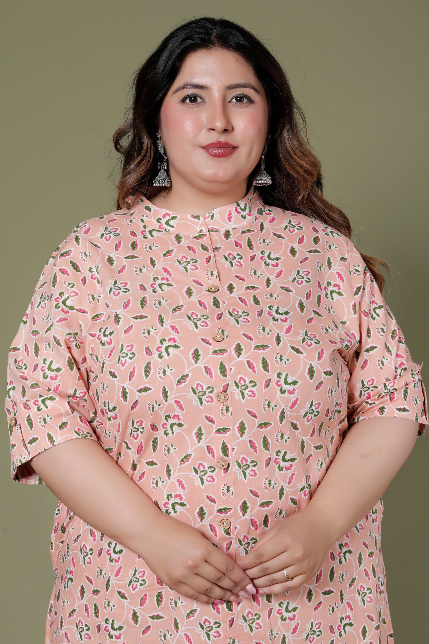 FLORAL GARDEN PRINT COTTON 2 PEICE KURTA PANT IN PEACH BY PLUSSIZEKURTI