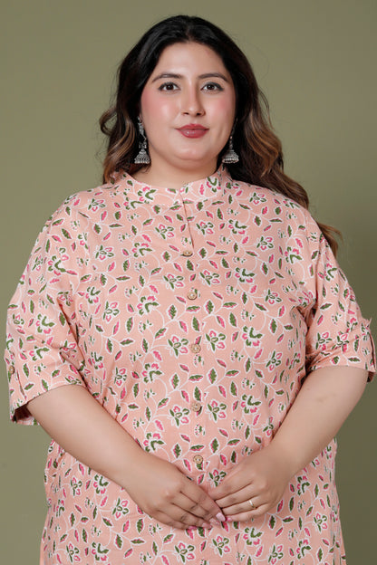 FLORAL GARDEN PRINT COTTON 2 PEICE KURTA PANT IN PEACH BY PLUSSIZEKURTI