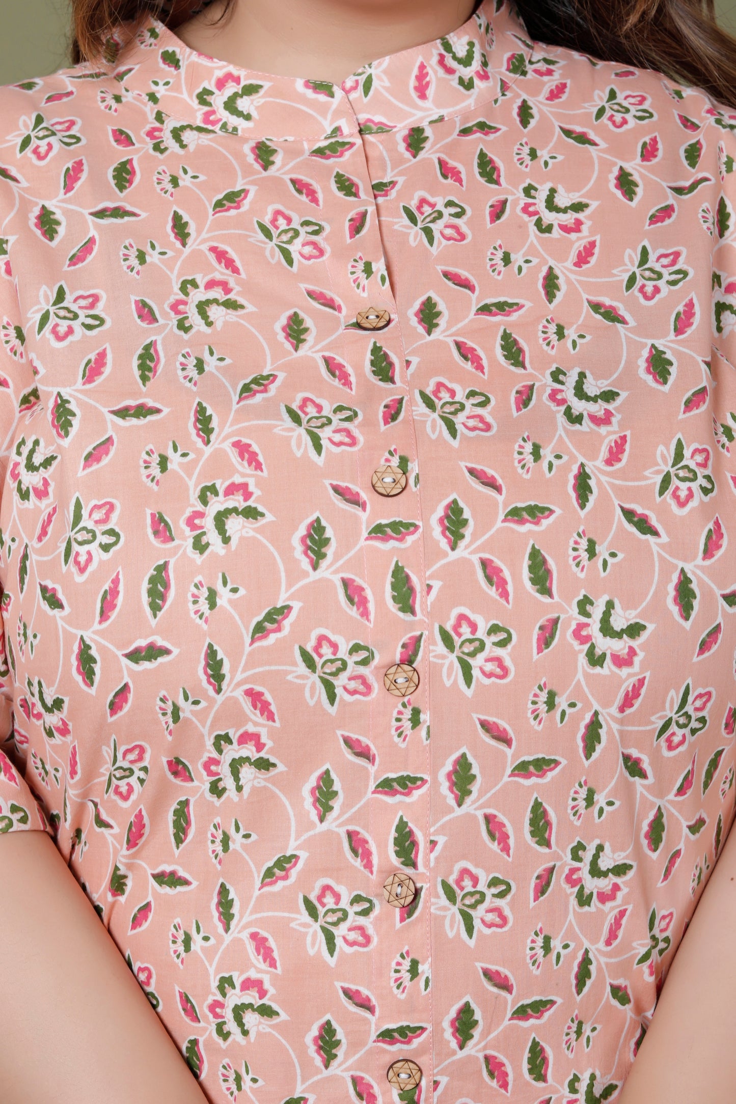 FLORAL GARDEN PRINT COTTON 2 PEICE KURTA PANT IN PEACH BY PLUSSIZEKURTI