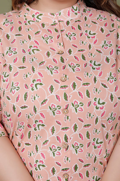FLORAL GARDEN PRINT COTTON 2 PEICE KURTA PANT IN PEACH BY PLUSSIZEKURTI