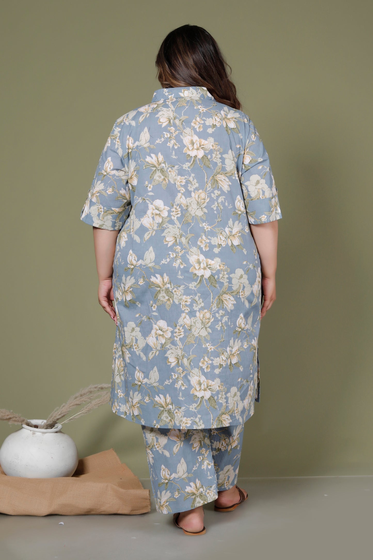FLORAL MOTIF PRINT COTTON 2 PEICE KURTA PANT IN POWDER BLUE BY PLUSSIZEKURTI