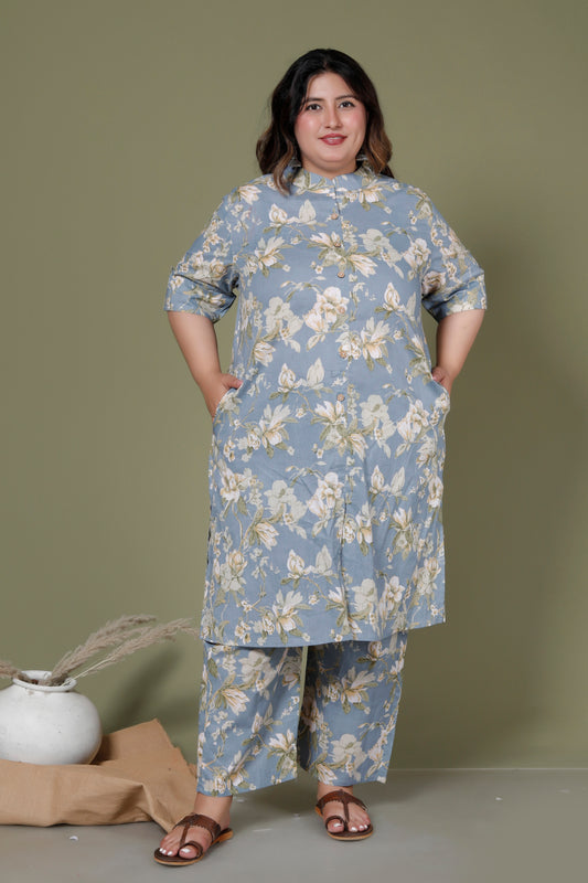 FLORAL MOTIF PRINT COTTON 2 PEICE KURTA PANT IN POWDER BLUE BY PLUSSIZEKURTI