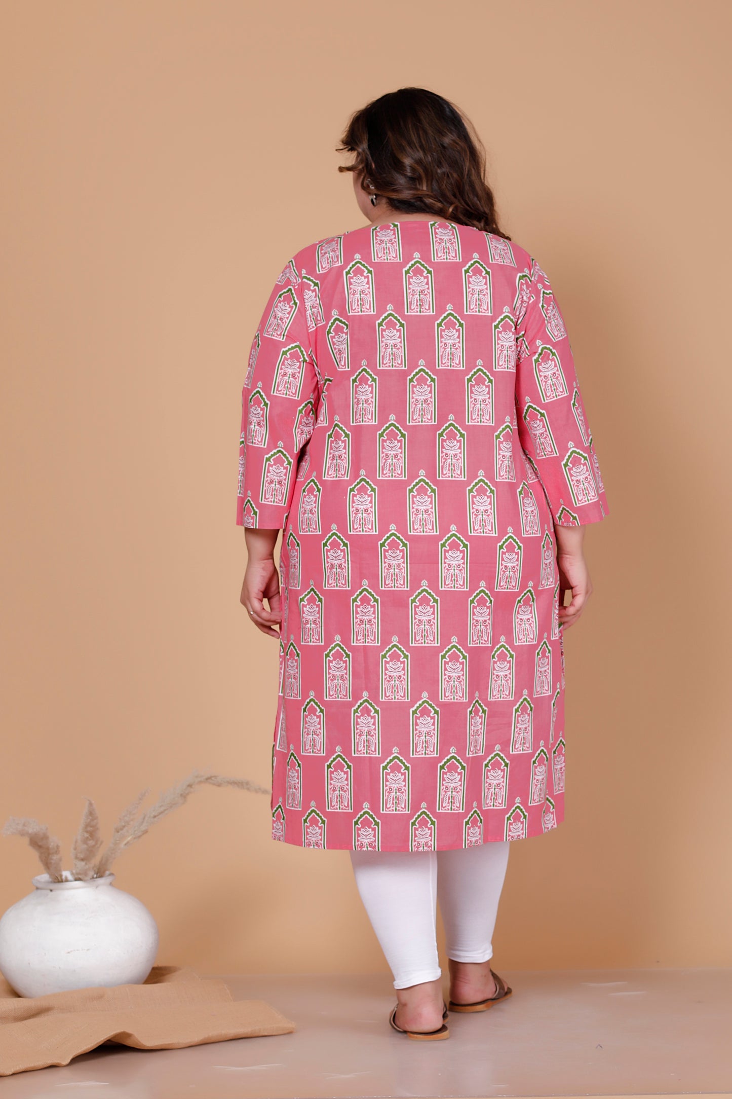 ARCH BLOCK PRINT COTTON KURTI IN FRESH PEACH PINK BY PLUSSIZEKURTI
