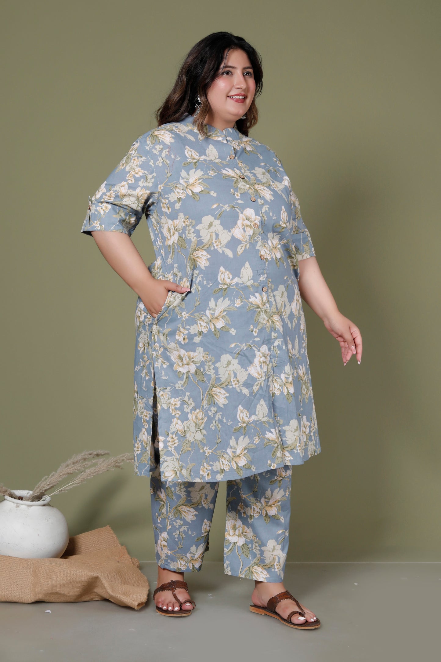FLORAL MOTIF PRINT COTTON 2 PEICE KURTA PANT IN POWDER BLUE BY PLUSSIZEKURTI