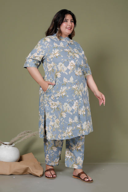 FLORAL MOTIF PRINT COTTON 2 PEICE KURTA PANT IN POWDER BLUE BY PLUSSIZEKURTI