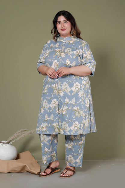 FLORAL MOTIF PRINT COTTON 2 PEICE KURTA PANT IN POWDER BLUE BY PLUSSIZEKURTI