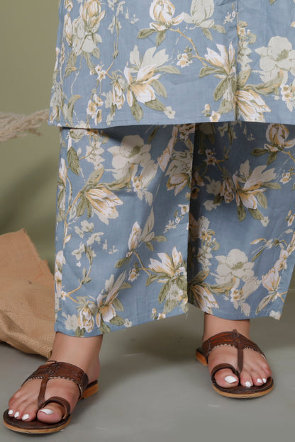 FLORAL MOTIF PRINT COTTON 2 PEICE KURTA PANT IN POWDER BLUE BY PLUSSIZEKURTI