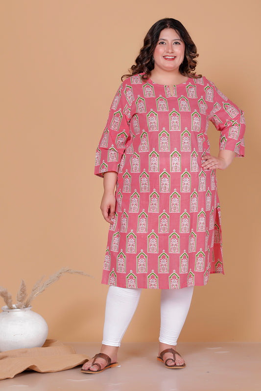 ARCH BLOCK PRINT COTTON KURTI IN FRESH PEACH PINK BY PLUSSIZEKURTI