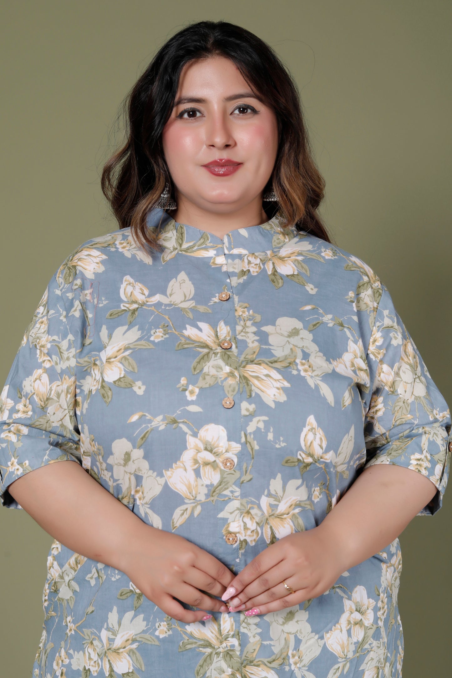 FLORAL MOTIF PRINT COTTON 2 PEICE KURTA PANT IN POWDER BLUE BY PLUSSIZEKURTI