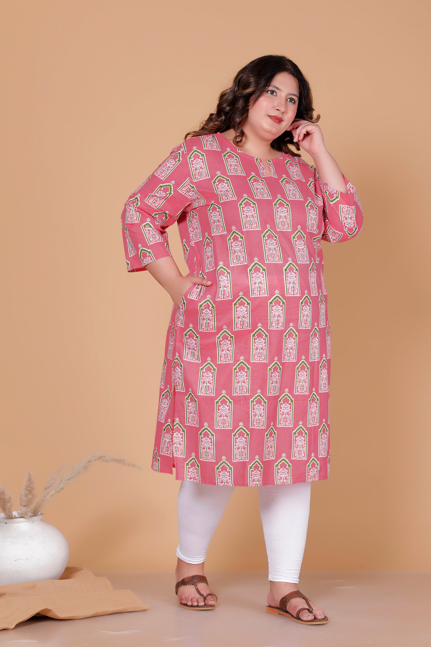 ARCH BLOCK PRINT COTTON KURTI IN FRESH PEACH PINK BY PLUSSIZEKURTI
