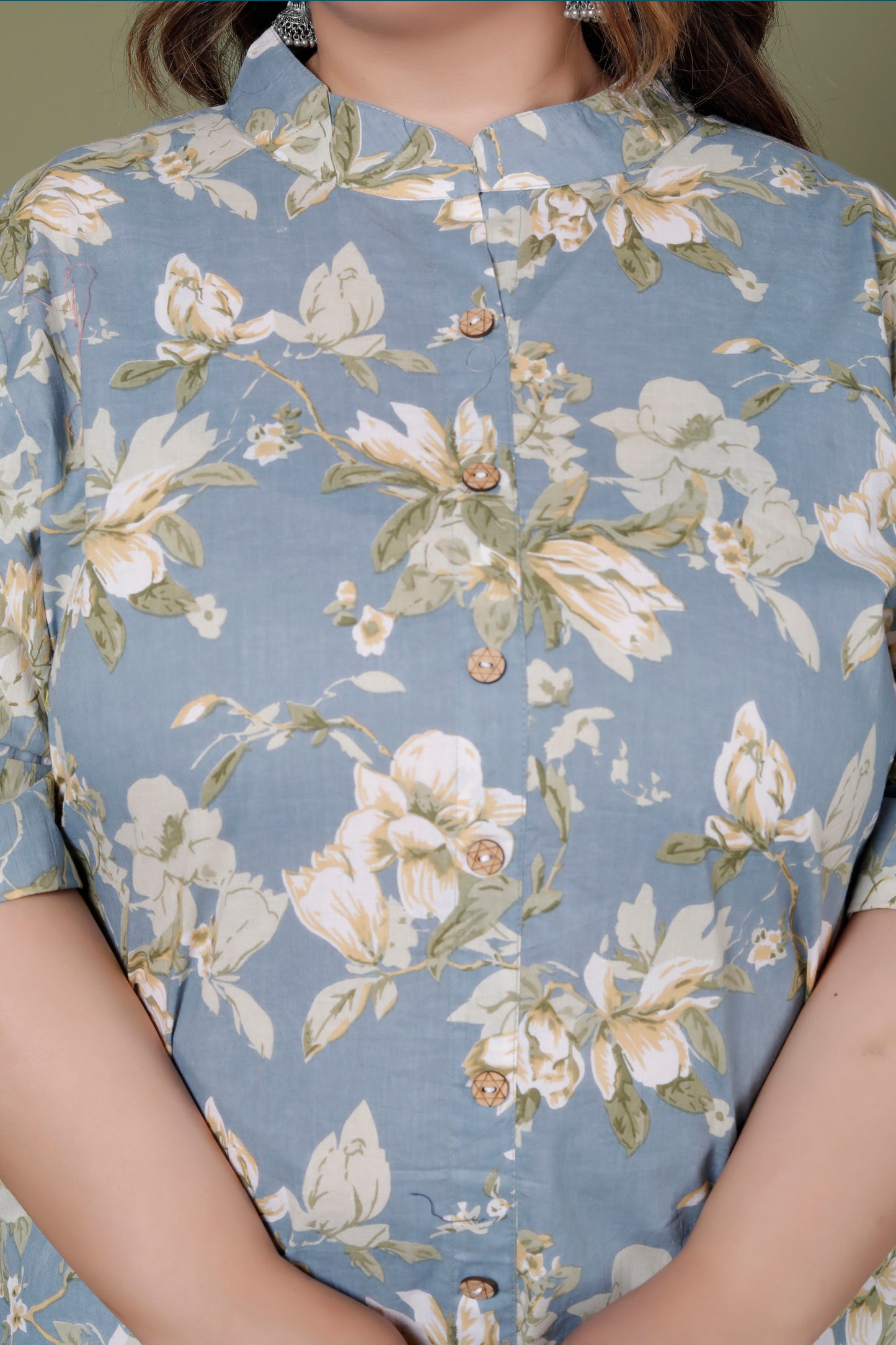 FLORAL MOTIF PRINT COTTON 2 PEICE KURTA PANT IN POWDER BLUE BY PLUSSIZEKURTI
