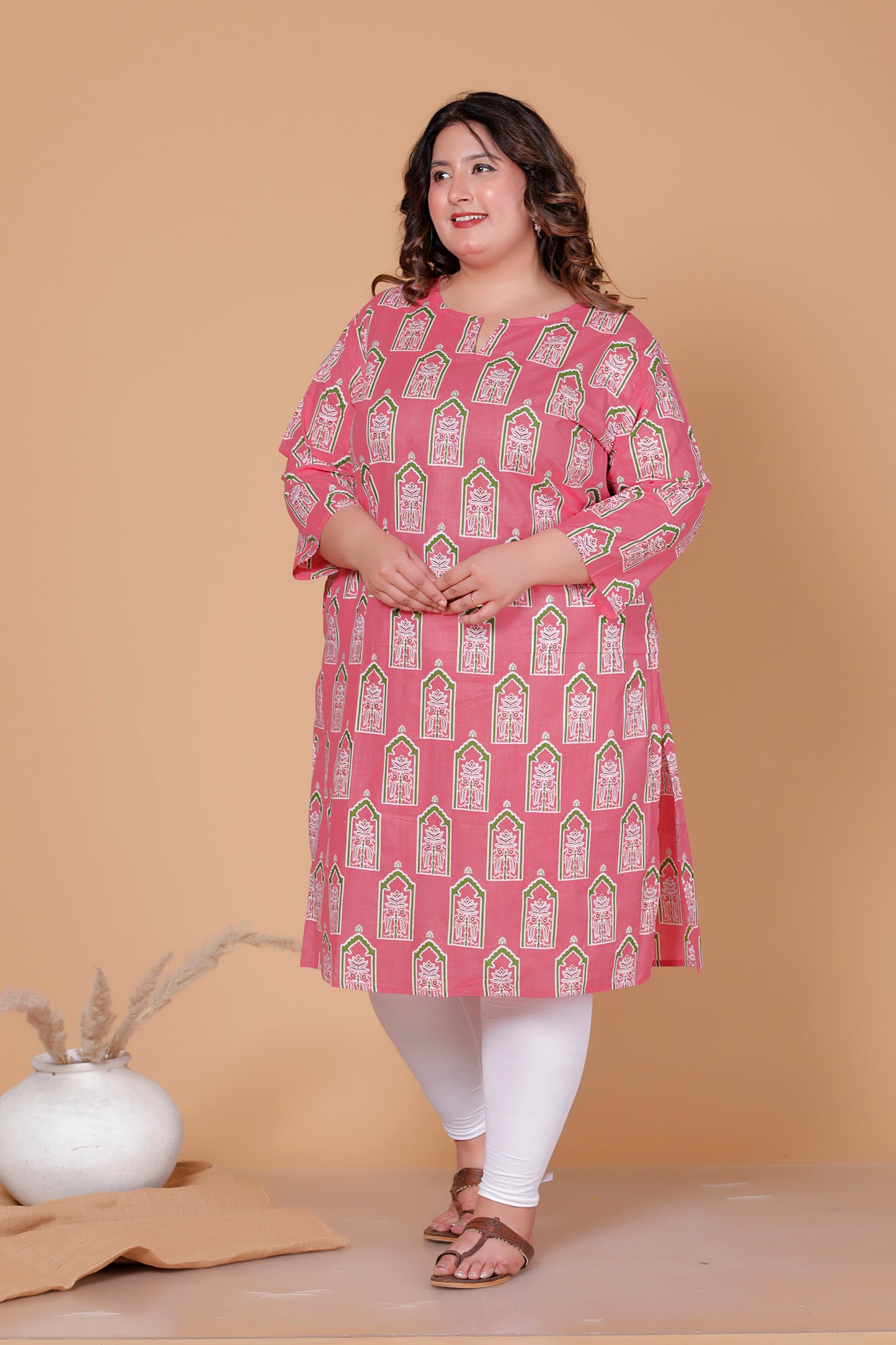 ARCH BLOCK PRINT COTTON KURTI IN FRESH PEACH PINK BY PLUSSIZEKURTI
