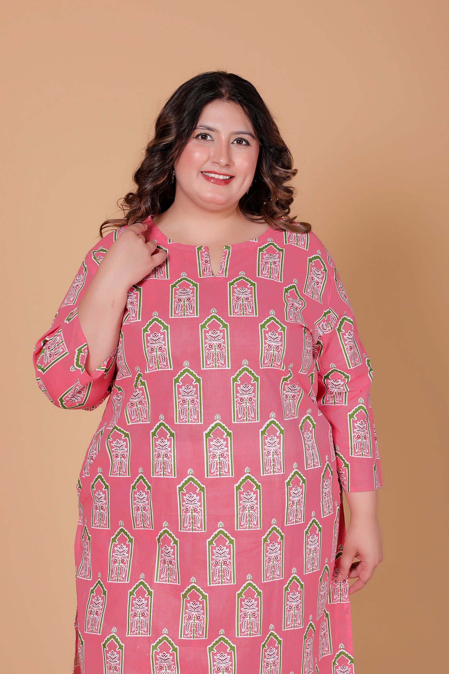 ARCH BLOCK PRINT COTTON KURTI IN FRESH PEACH PINK BY PLUSSIZEKURTI