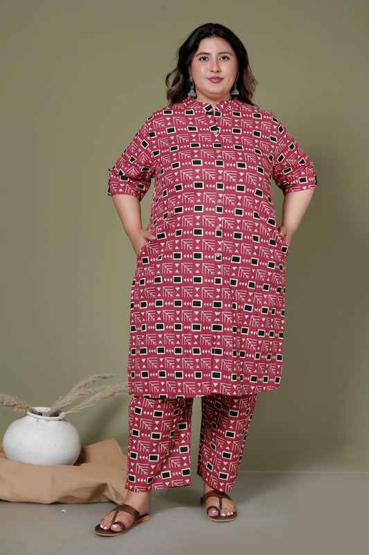 GEOMETRIC MOTIF PRINT COTTON 2 PEICE KURTA PANT IN RUST RED BY PLUSSIZEKURTI