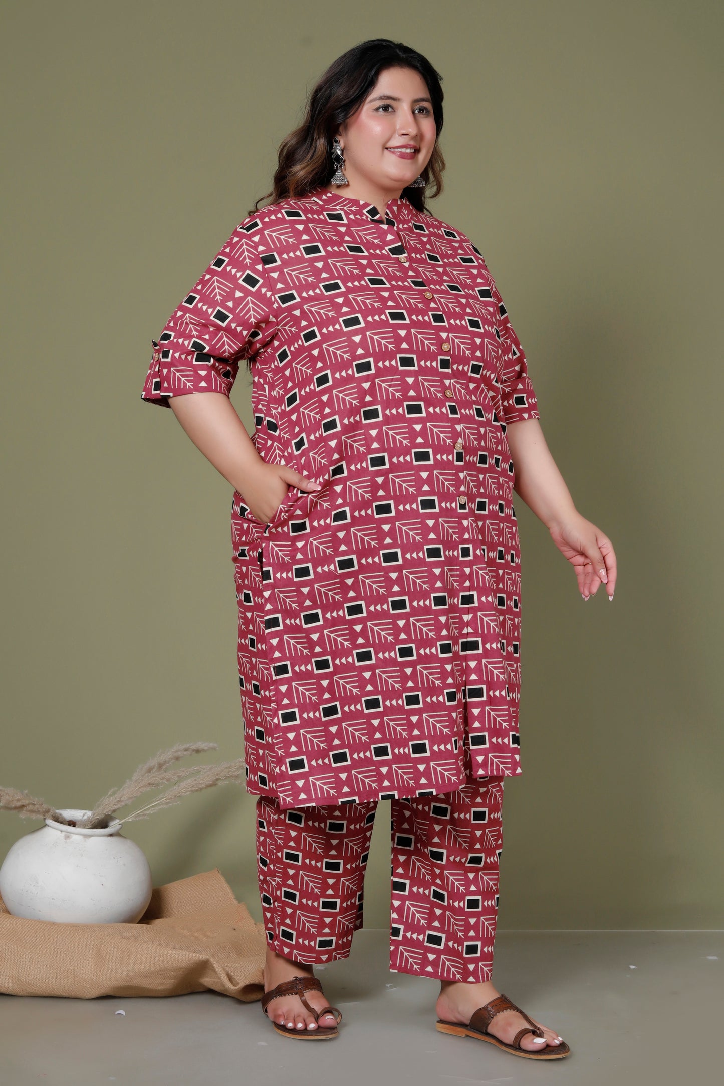 GEOMETRIC MOTIF PRINT COTTON 2 PEICE KURTA PANT IN RUST RED BY PLUSSIZEKURTI