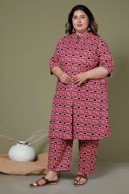 GEOMETRIC MOTIF PRINT COTTON 2 PEICE KURTA PANT IN RUST RED BY PLUSSIZEKURTI