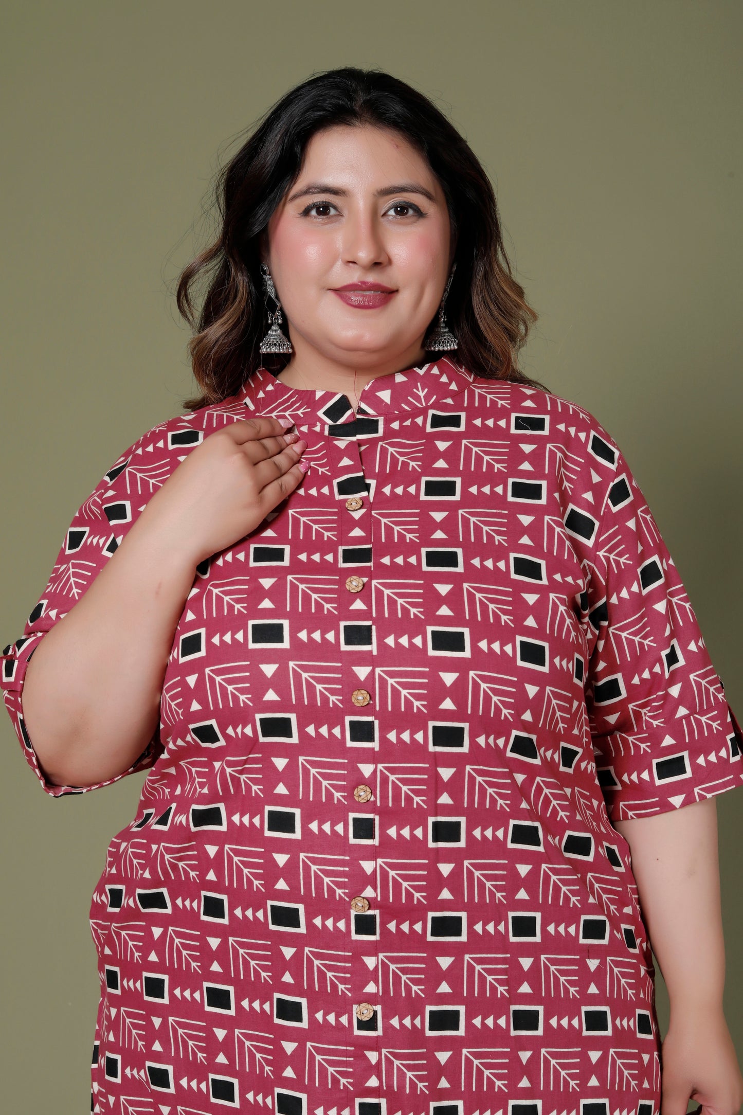 GEOMETRIC MOTIF PRINT COTTON 2 PEICE KURTA PANT IN RUST RED BY PLUSSIZEKURTI