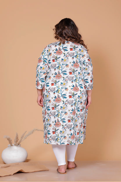 FLORAL PRINT COTTON KURTI IN MULTICOLOUR BY PLUSSIZEKURTI