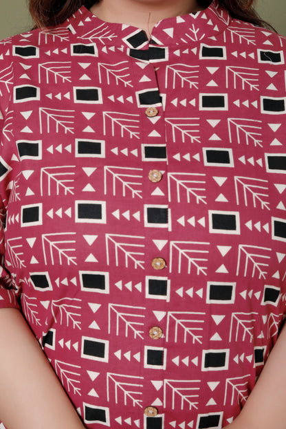 GEOMETRIC MOTIF PRINT COTTON 2 PEICE KURTA PANT IN RUST RED BY PLUSSIZEKURTI