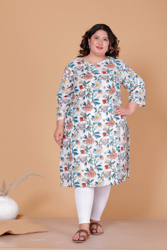 FLORAL PRINT COTTON KURTI IN MULTICOLOUR BY PLUSSIZEKURTI
