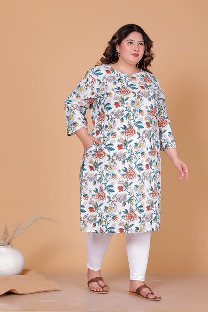 FLORAL PRINT COTTON KURTI IN MULTICOLOUR BY PLUSSIZEKURTI