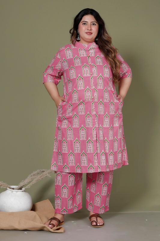 MUGHAL MOTIF PRINT COTTON 2 PEICE KURTA PANT IN PINK BY PLUSSIZEKURTI