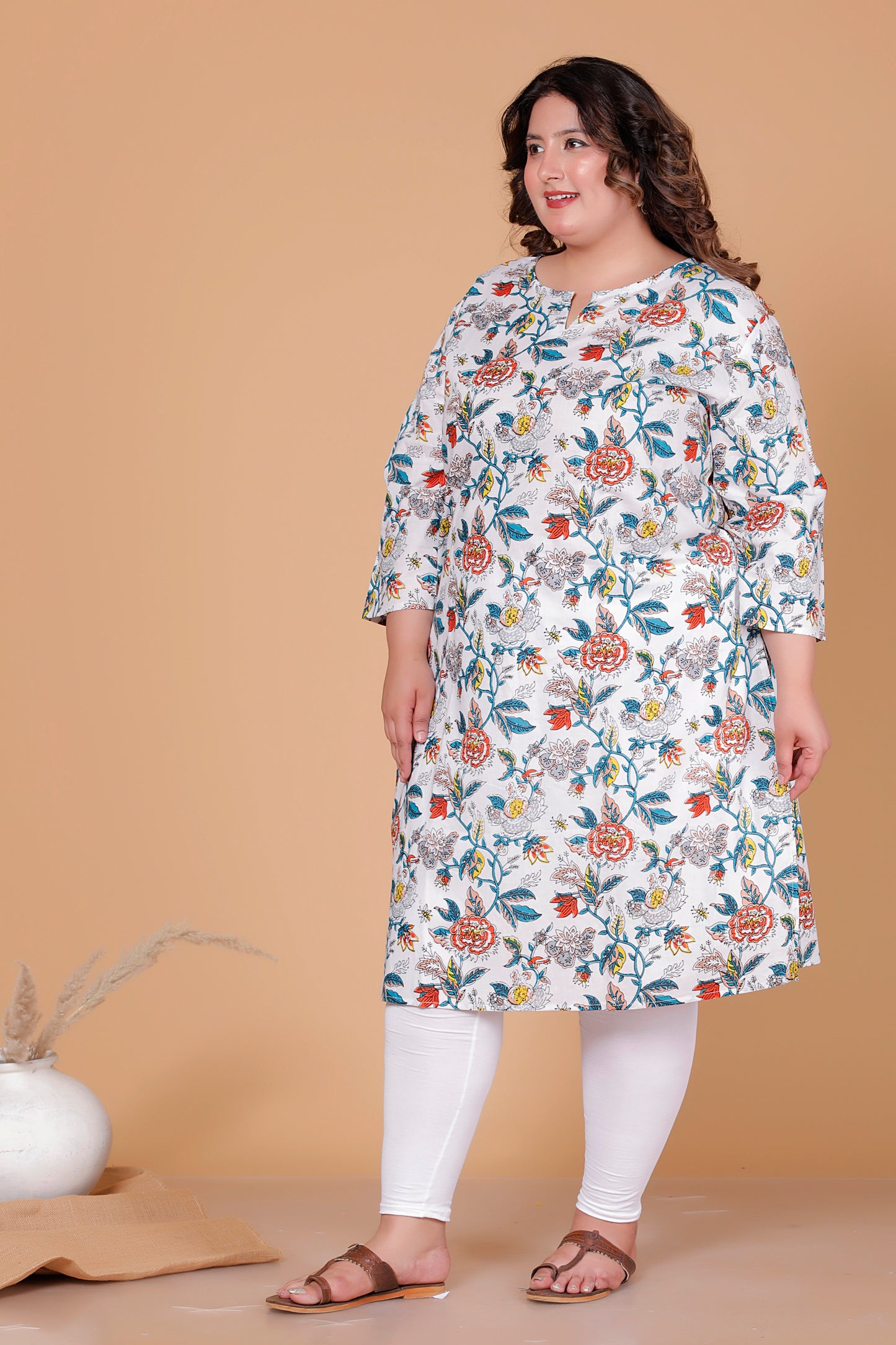 FLORAL PRINT COTTON KURTI IN MULTICOLOUR BY PLUSSIZEKURTI