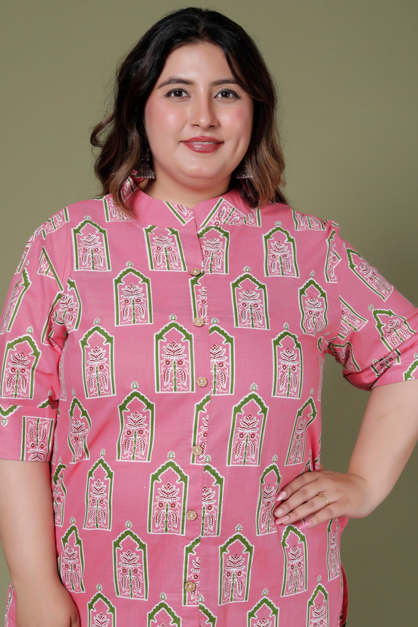 MUGHAL MOTIF PRINT COTTON 2 PEICE KURTA PANT IN PINK BY PLUSSIZEKURTI