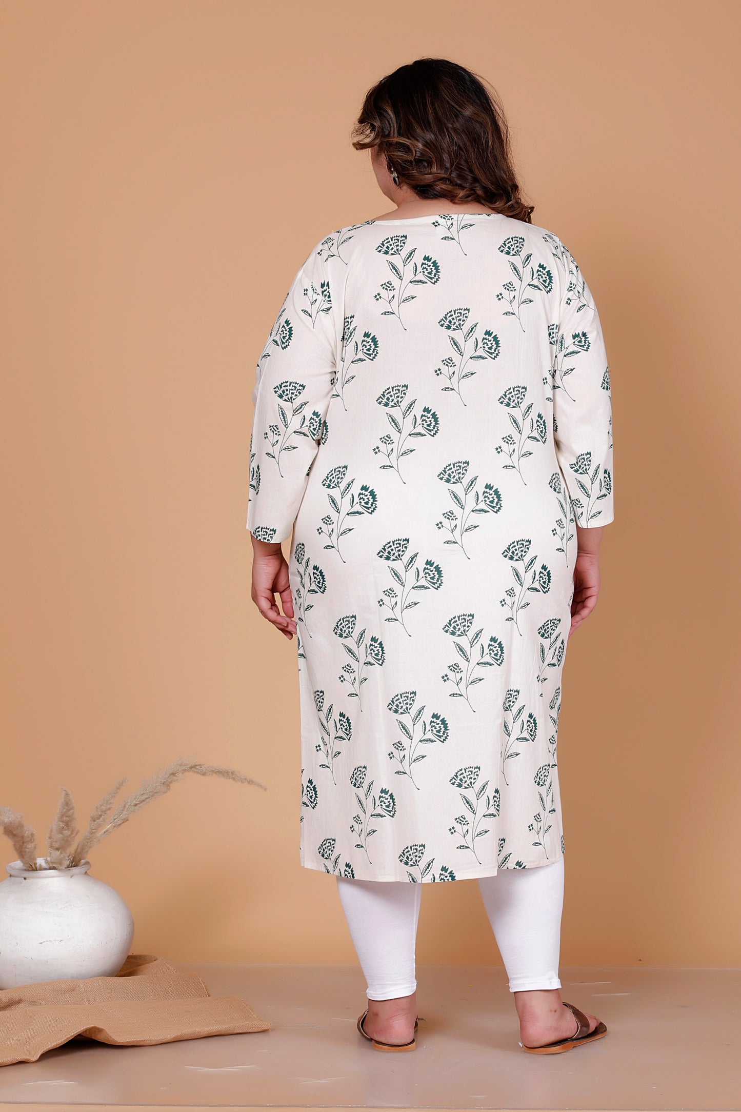 FLORAL BUTTA PRINT COTTON KURTI IN OFFWHITE/RAMA BY PLUSSIZEKURTI