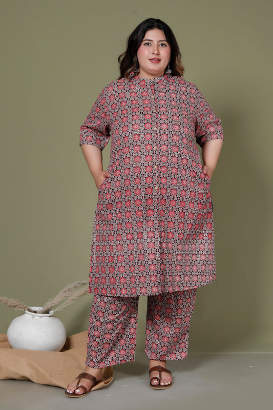 ABSTRACT FLORAL PRINT COTTON 2 PEICE KURTA PANT IN RUSTRED BY PLUSSIZEKURTI