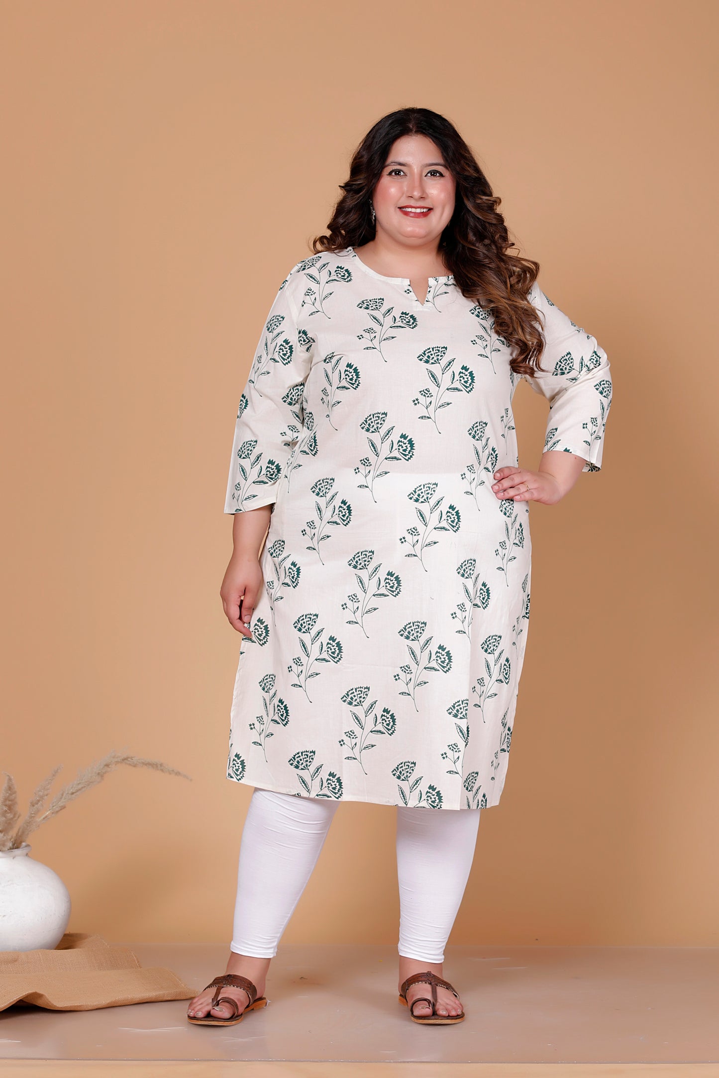 FLORAL BUTTA PRINT COTTON KURTI IN OFFWHITE/RAMA BY PLUSSIZEKURTI