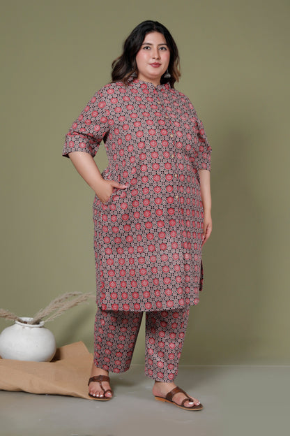 ABSTRACT FLORAL PRINT COTTON 2 PEICE KURTA PANT IN RUSTRED BY PLUSSIZEKURTI
