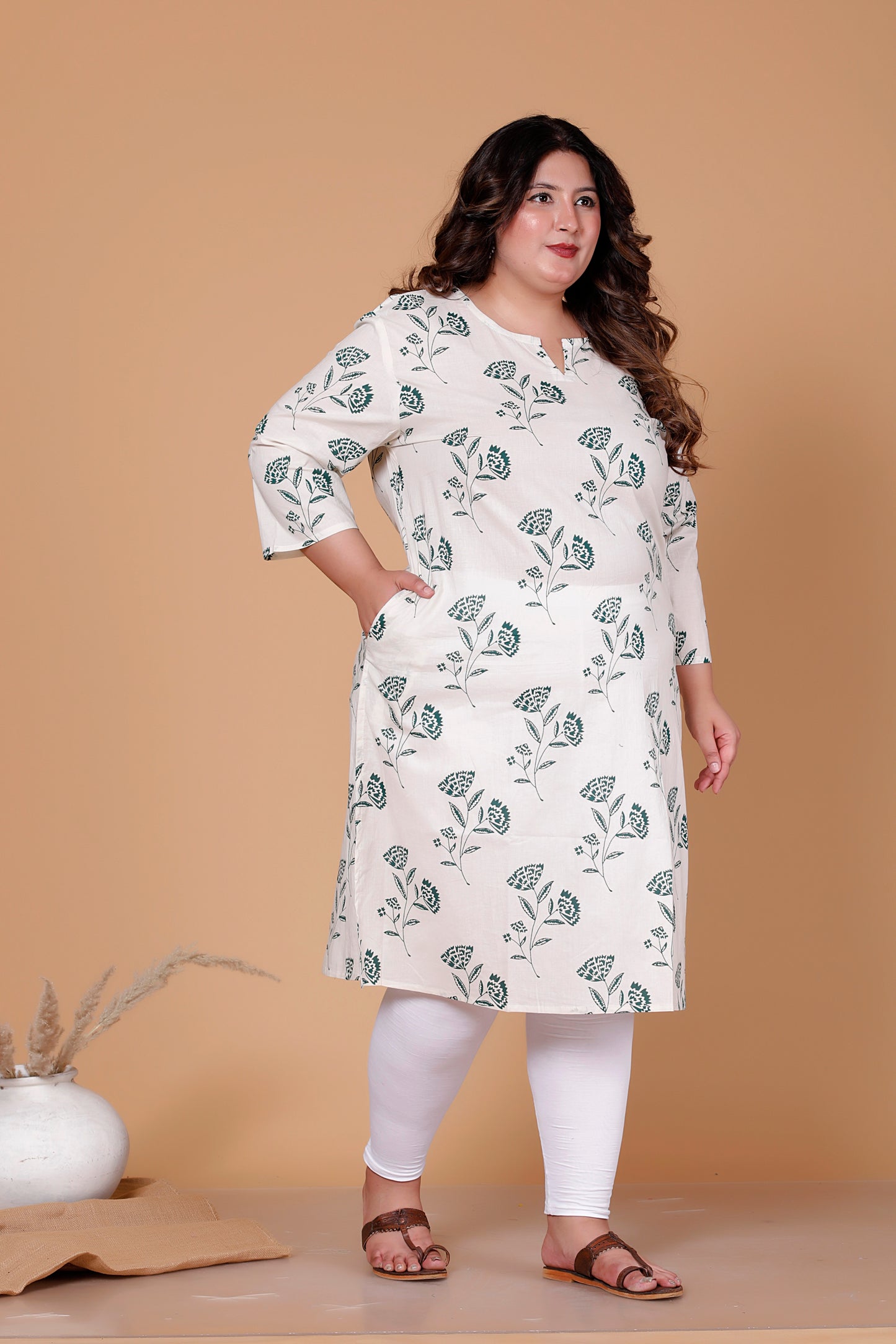 FLORAL BUTTA PRINT COTTON KURTI IN OFFWHITE/RAMA BY PLUSSIZEKURTI