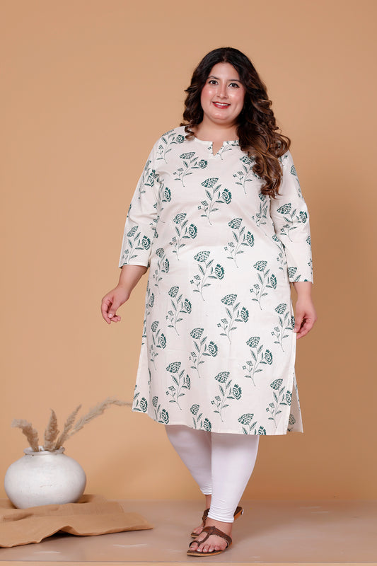 FLORAL BUTTA PRINT COTTON KURTI IN OFFWHITE/RAMA BY PLUSSIZEKURTI