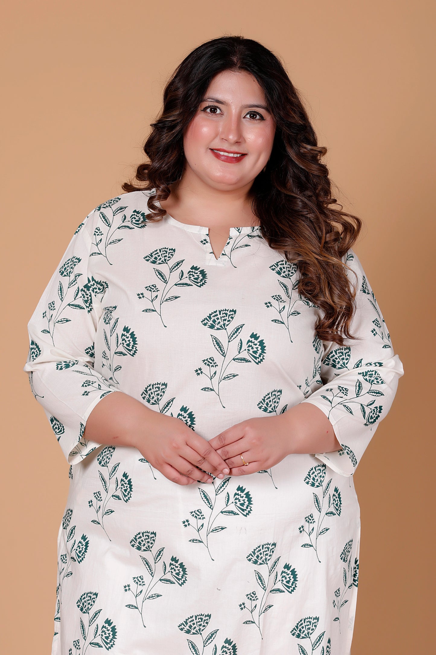 FLORAL BUTTA PRINT COTTON KURTI IN OFFWHITE/RAMA BY PLUSSIZEKURTI