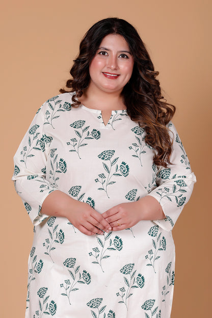 FLORAL BUTTA PRINT COTTON KURTI IN OFFWHITE/RAMA BY PLUSSIZEKURTI