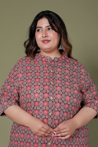 ABSTRACT FLORAL PRINT COTTON 2 PEICE KURTA PANT IN RUSTRED BY PLUSSIZEKURTI