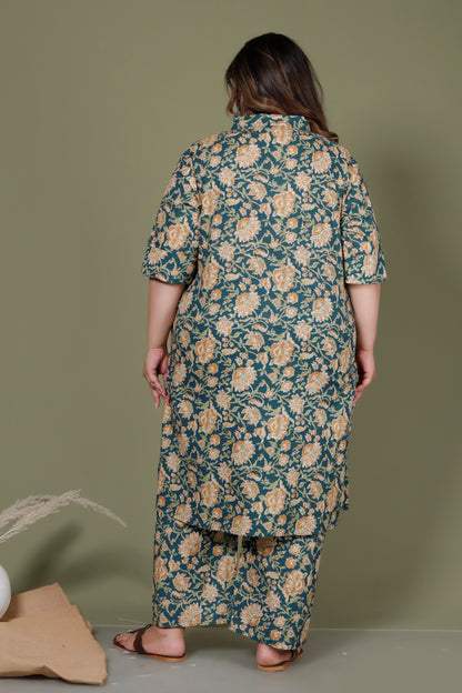 FLOWER GARDEN  PRINT COTTON 2 PEICE KURTA PANT IN TEAL GREEN BY PLUSSIZEKURTI