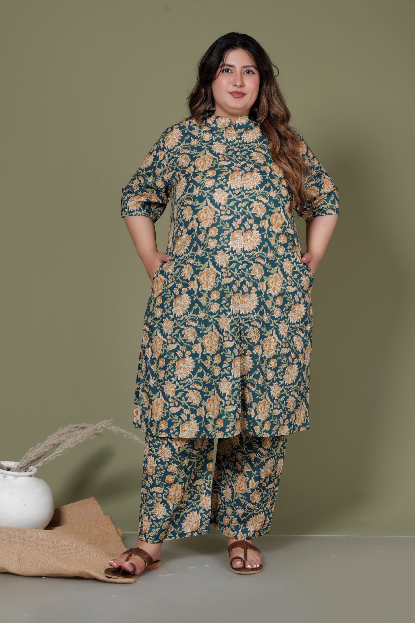FLOWER GARDEN  PRINT COTTON 2 PEICE KURTA PANT IN TEAL GREEN BY PLUSSIZEKURTI