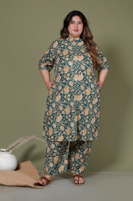 FLOWER GARDEN  PRINT COTTON 2 PEICE KURTA PANT IN TEAL GREEN BY PLUSSIZEKURTI