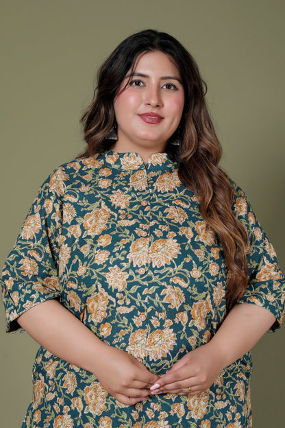 FLOWER GARDEN  PRINT COTTON 2 PEICE KURTA PANT IN TEAL GREEN BY PLUSSIZEKURTI