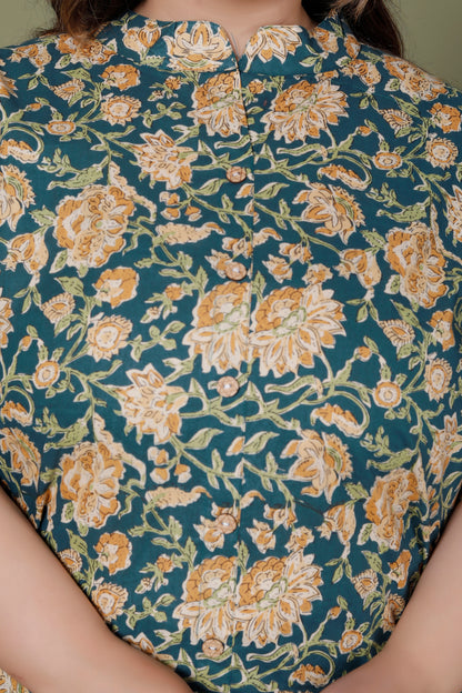 FLOWER GARDEN  PRINT COTTON 2 PEICE KURTA PANT IN TEAL GREEN BY PLUSSIZEKURTI