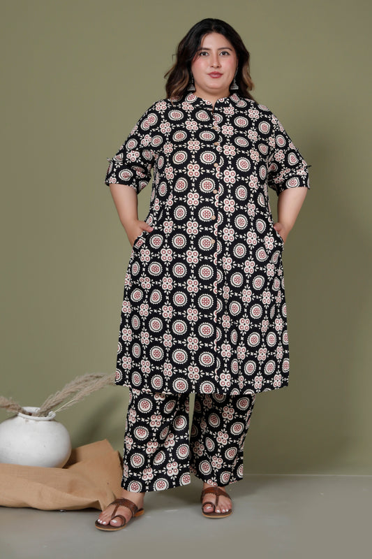 FLORAL GEOMETRIC PRINT COTTON 2 PEICE KURTA PANT IN BLACK BY PLUSSIZEKURTI