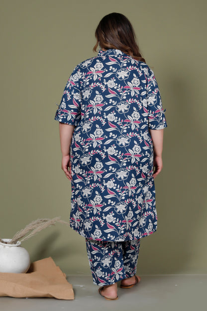 FLORAL INFUSE PRINT COTTON 2 PEICE KURTA PANT IN MUSTURD BLUE BY PLUSSIZEKURTI