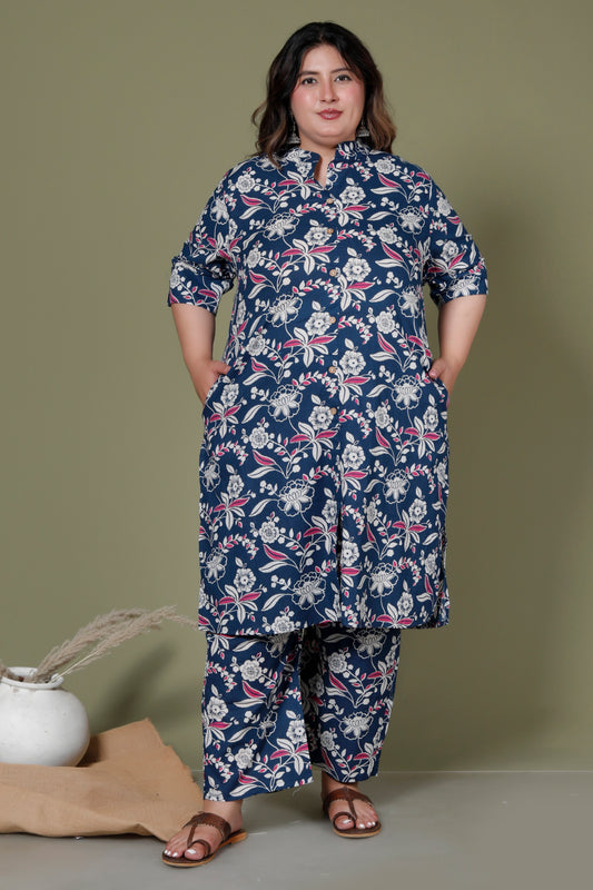 FLORAL INFUSE PRINT COTTON 2 PEICE KURTA PANT IN MUSTURD BLUE BY PLUSSIZEKURTI