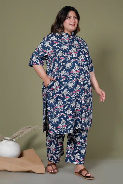 FLORAL INFUSE PRINT COTTON 2 PEICE KURTA PANT IN MUSTURD BLUE BY PLUSSIZEKURTI